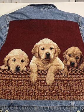 Topman Blue Denim Jacket with Maroon Puppy Tapestry Panel